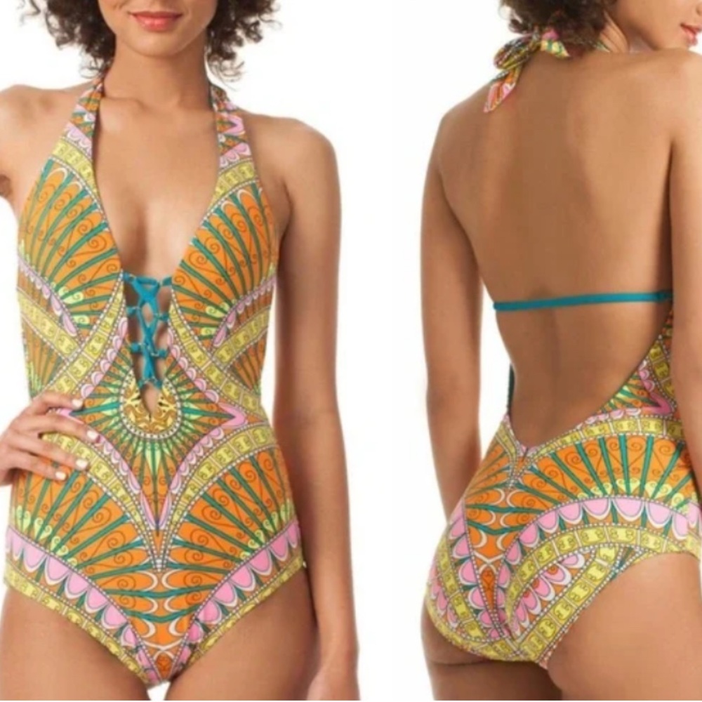Trina Turk Capri Sherbet Orange Halter Lace‎ Up One Piece Swimsuit